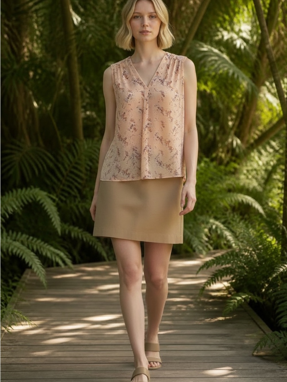 Pleione Peach Floral V-Neck Sleeveless Top